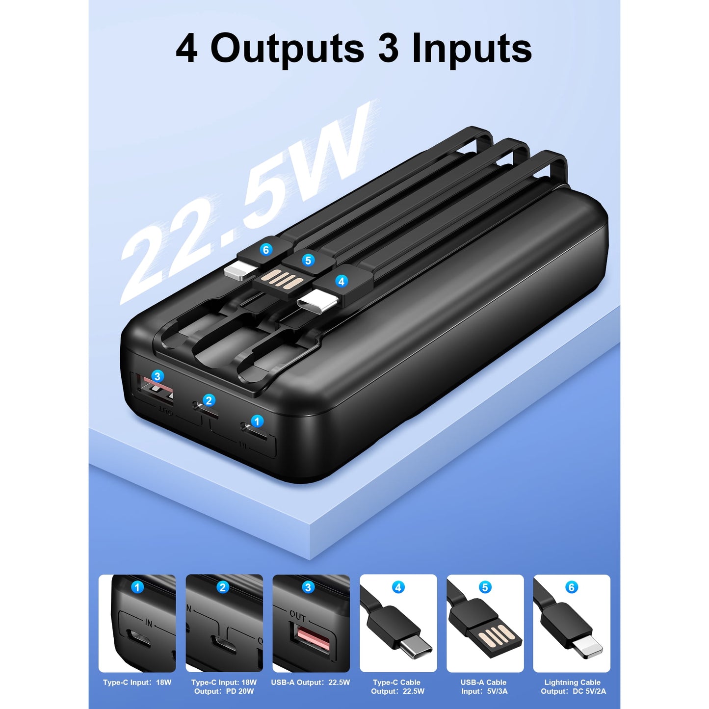 Power Bank Portable Charger with Built in Cables
