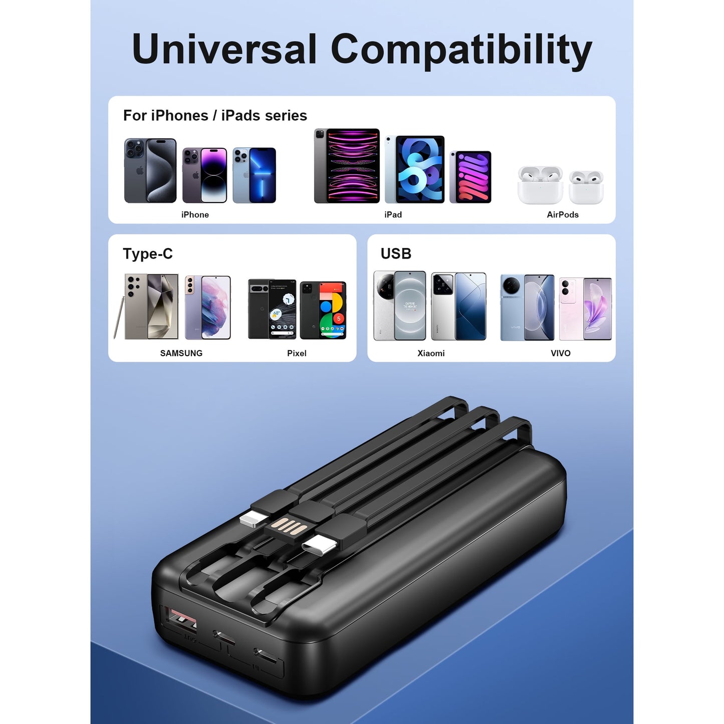 Power Bank Portable Charger with Built in Cables